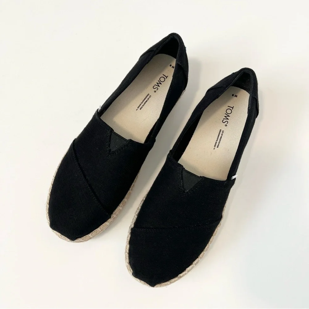 Toms Black Espadrille Platform Slip-Ons with Natural Jute Trim